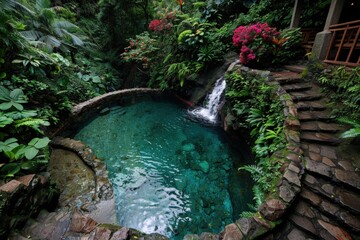 A tranquil scene featuring a serene pool with crystal clear water, a small waterfall, and lush green foliage surrounding the area, creating a peaceful atmosphere.