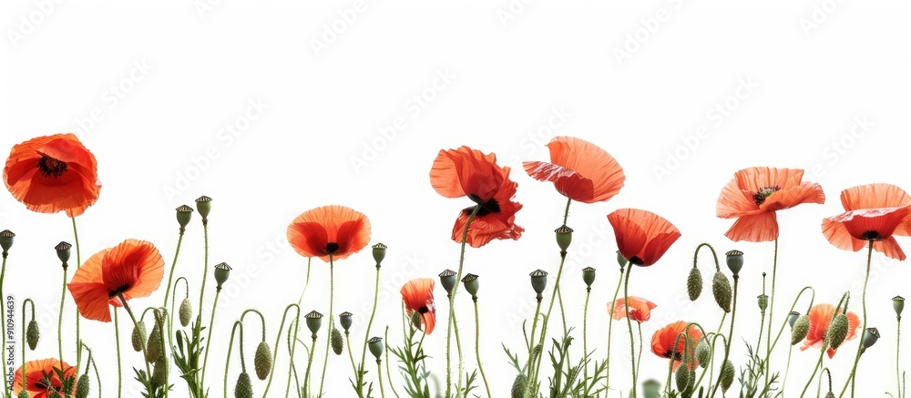 Poster red poppies also known as common poppy set against a white backdrop with copy space image