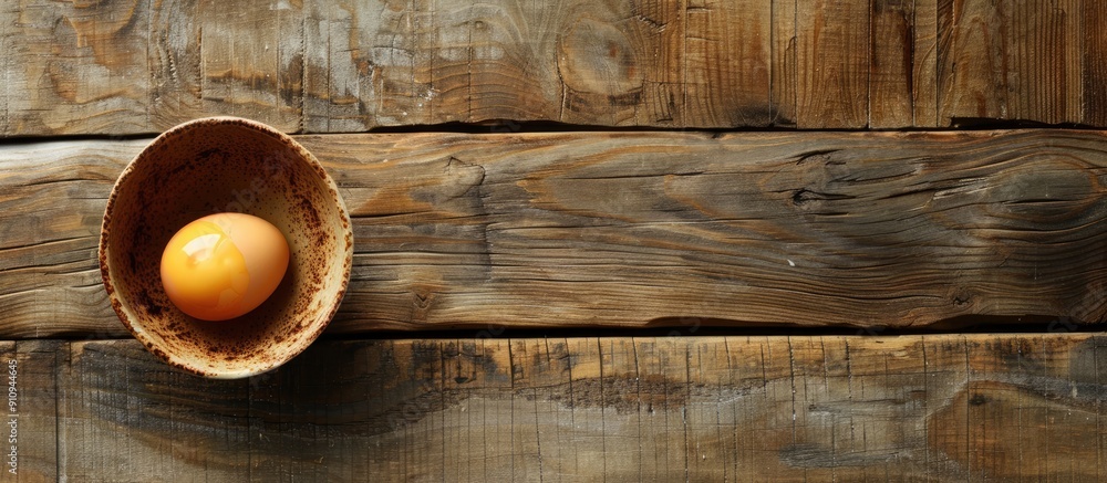 Aufkleber Top view of an egg in a dish on a rustic wooden table with an old background featuring copy space image