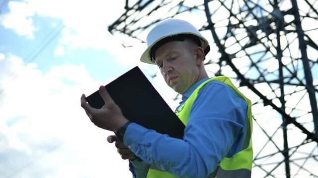 Energy engineer wearing a white helmet, reflective vest, and holding a tablet observes an electric tower and wires. The energy engineer focuses on efficient and safe power grid management.