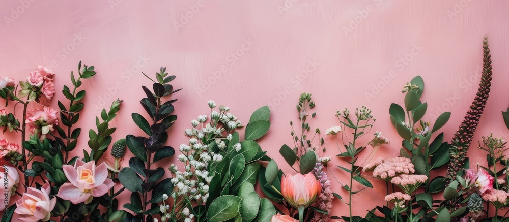 Poster nature themed background with flowers and leaves in a flat lay arrangement perfect for a copy space 