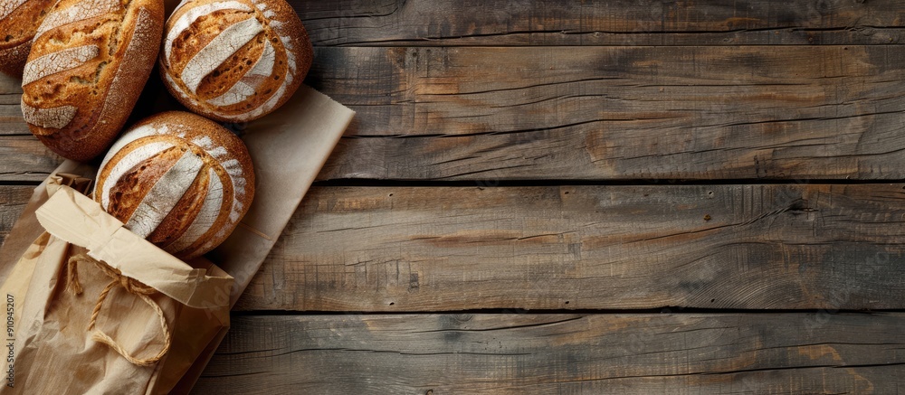 Poster fresh bread loaves displayed on a wooden background with a paper bag in a top view copy space image