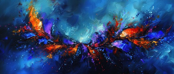 Vivid abstract painting with bold colors in blue, red, and orange, creating a dynamic and vibrant visual impact.