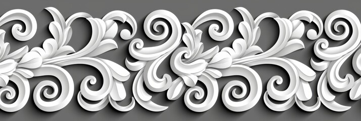 Fototapeta premium White ornate baroque floral decoration on black background, intricate and elegant design, perfect for borders or dividers.