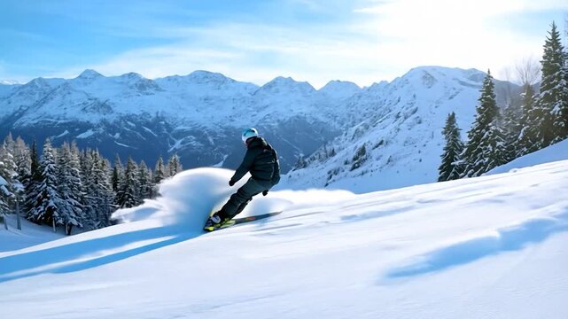 A snowboarder carves through freshly fallen snow with snow-covered mountains in the background under a bright blue sky