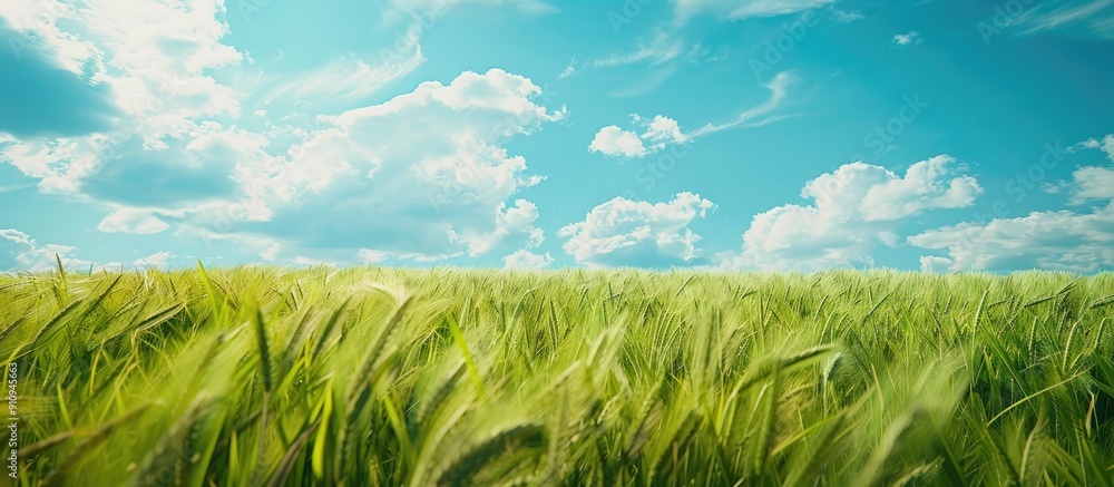 Poster Lush green wheat field with a rustic agricultural texture featuring a serene outdoor scene under a vibrant blue sky ideal for a copy space image