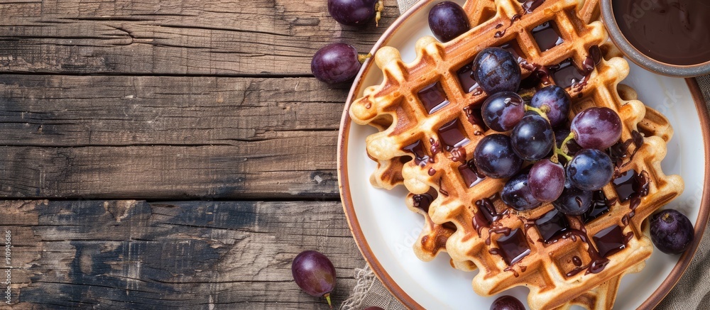 Poster scrumptious waffles topped with grapes and chocolate sauce presented on a rustic wooden table with a