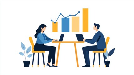 Two professionals analyze data on laptops while collaborating at a table, showcasing teamwork and business growth.