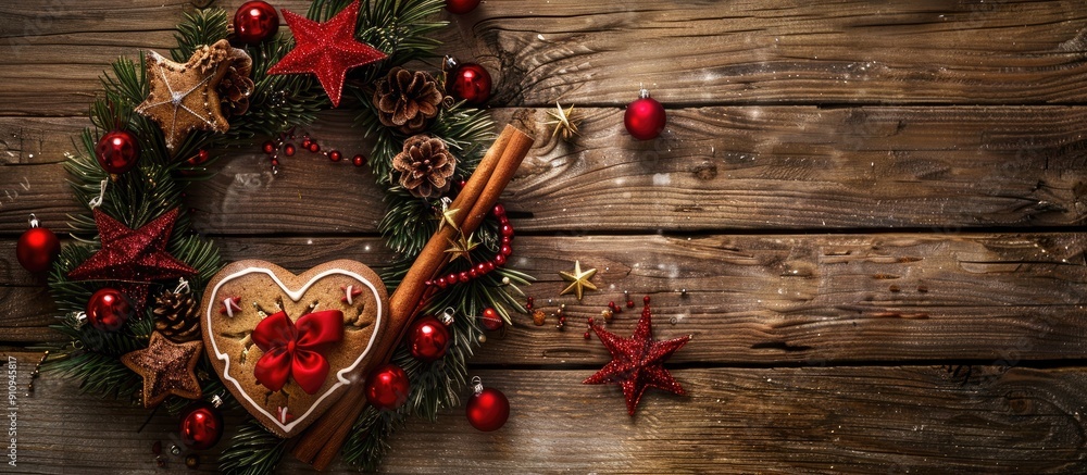 Poster a rustic wooden background showcasing an advent christmas wreath made of natural pine a heart shaped