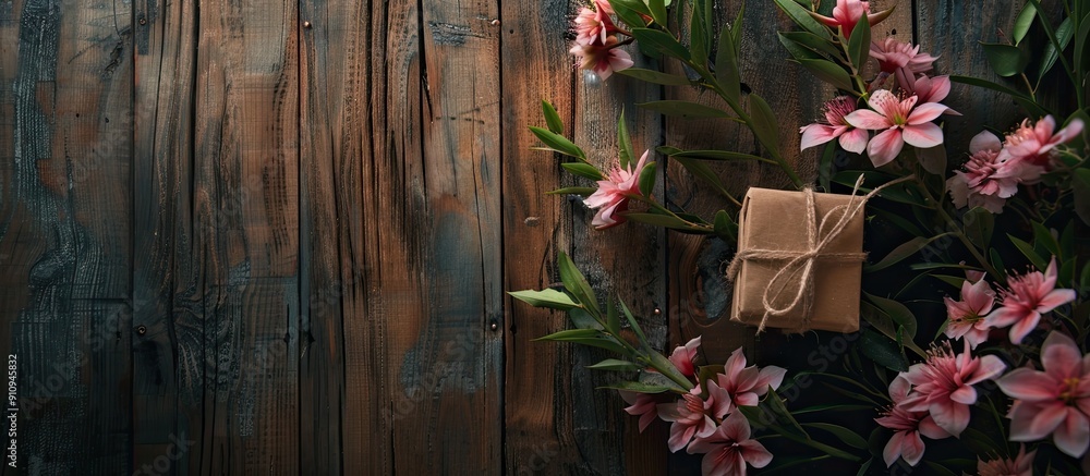 Poster A rustic wooden backdrop with a present and blooms creates a charming copy space image