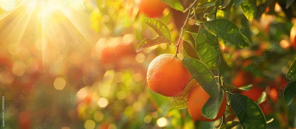 Poster A vibrant tangerine orange hanging on a tree in an orchard with a sunlit background creating a captivating copy space image