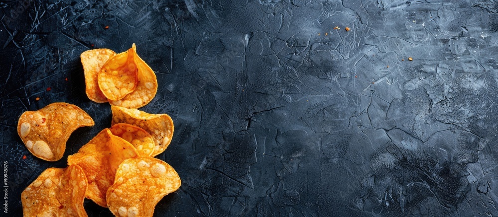 Poster Potato chips are displayed on a dark table with a blank space for text or images. Creative banner. Copyspace image