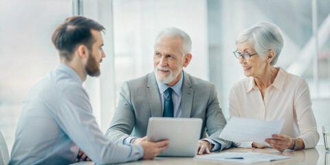 Obraz premium Financial Advisor Discussing Retirement Savings with a Couple, Surrounded by Pension Fund Documents and Graphs 