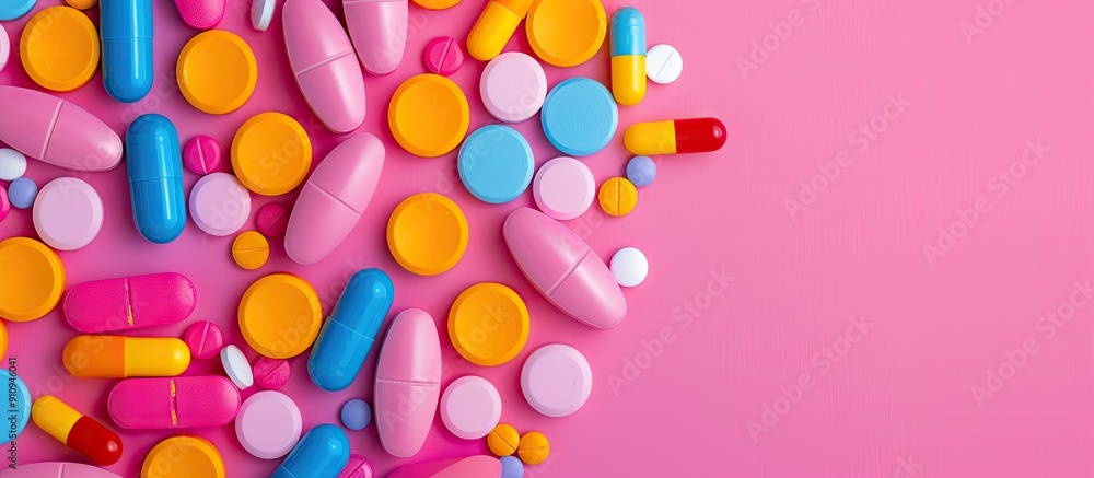 Poster vibrant pills and tablets with diverse colors on a drug themed border background perfect for copy sp