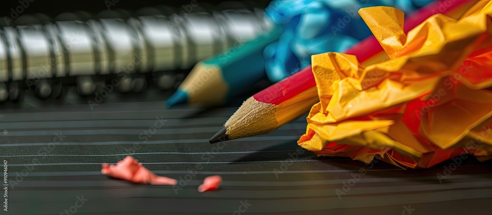 Poster selective focus on a notebook with a pencil colored crumpled paper and a black background providing 