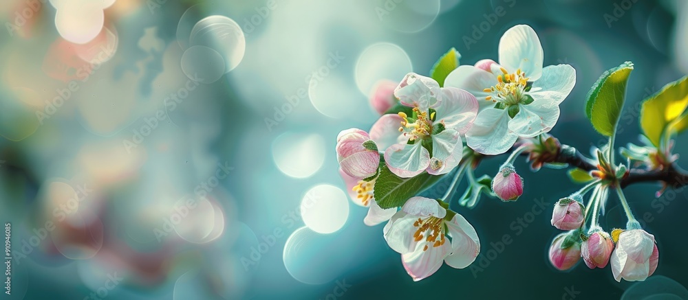 Aufkleber Springtime apple tree branch with flowers captured in a photo with a shallow depth of field creating a pleasing copy space image