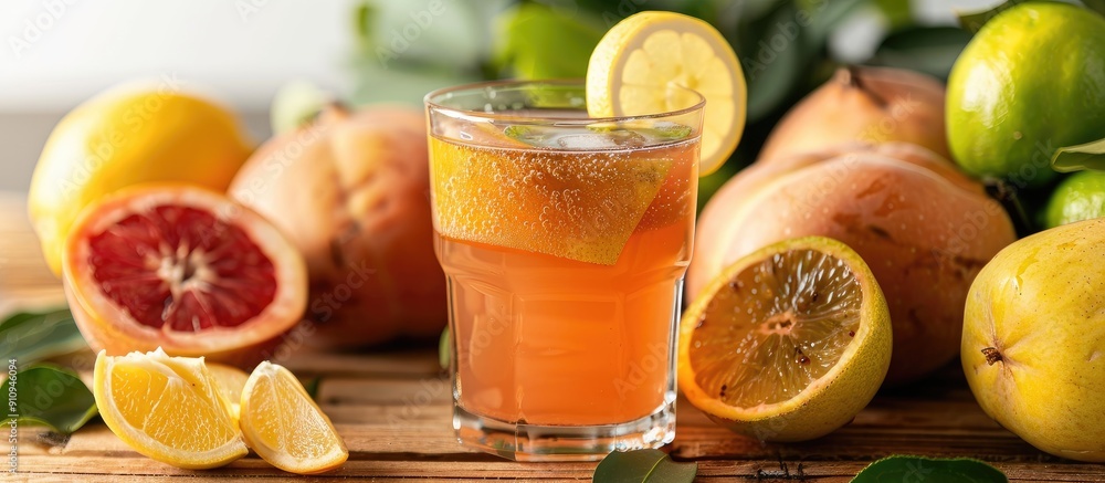 Poster a tasty quince beverage and fresh fruits displayed on a wooden surface with a white backdrop perfect