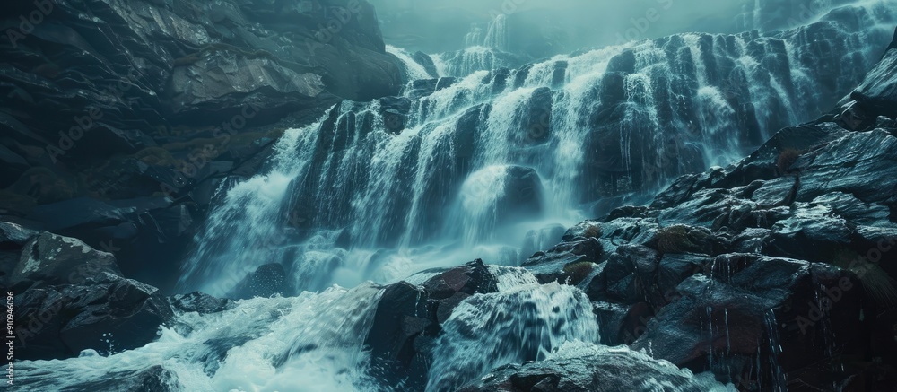 Poster water cascading down a rocky mountain with a copy space image