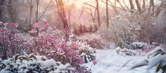 Winter garden with blooming Pink Hellebore plants in a captivating copy space image