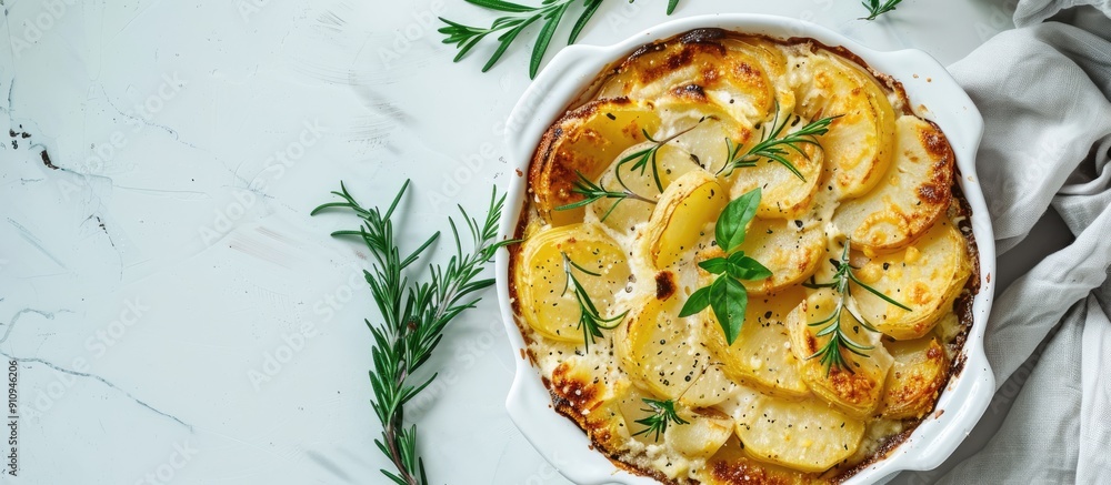 Poster top view of a traditional homemade potato casserole with herbs on a white background with a clear ar