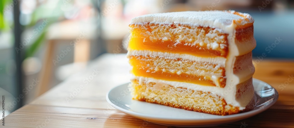 Poster selective focus on a three layers rich egg yolk cake with jam between them spiku or lapis surabaya i