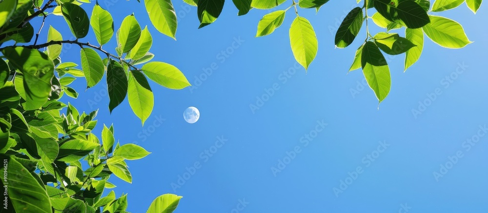 Poster view up through the green leaves to the blue summer sky with moon in copy space image