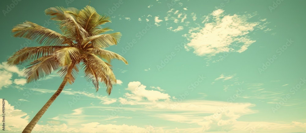 Aufkleber tropical beach scene with a palm tree against a blue sky and white clouds creating a vintage style c