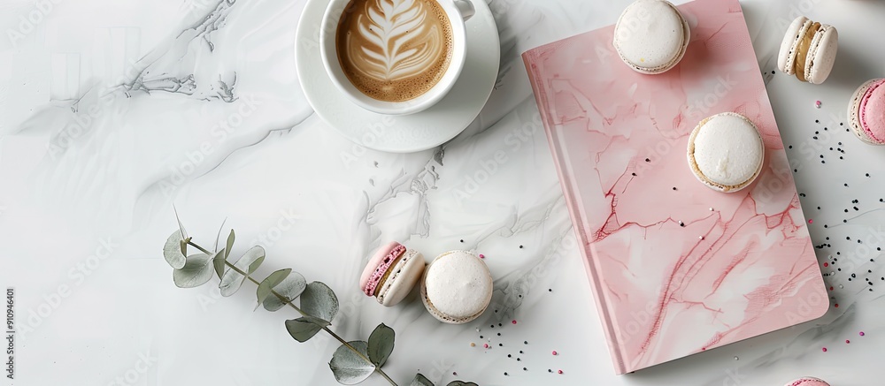 Leinwandbilder feminine workspace with a modern pink and marble notebook macarons coffee cup and eucalyptus leaves 