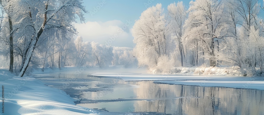 Aufkleber winter landscape with lovely trees and river covered in snow ideal for a copy space image