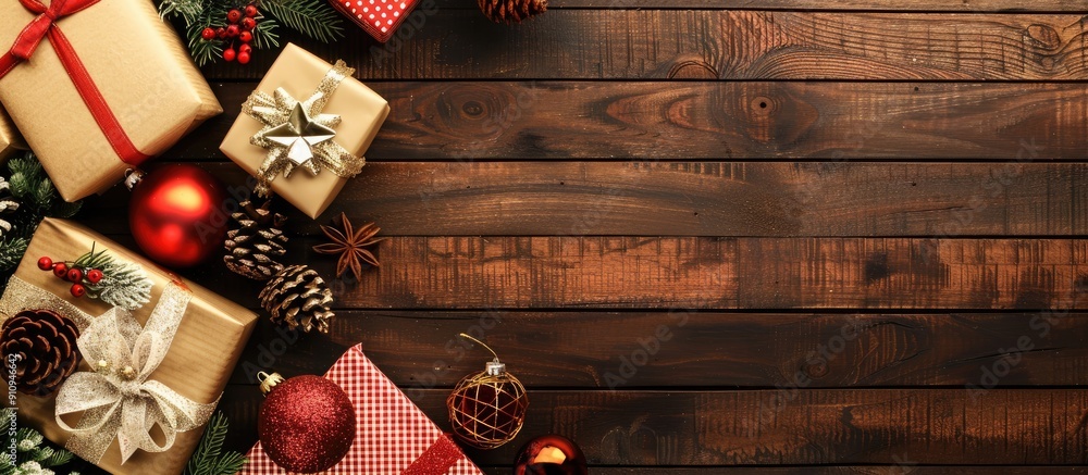 Poster overview of christmas presents on a wooden backdrop with a space for inserting images. creative bann