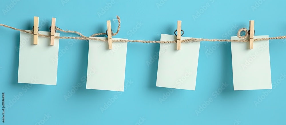 Poster Wooden clothespins holding blank notepapers are displayed on a twine against a light blue background leaving room for text in the copy space image
