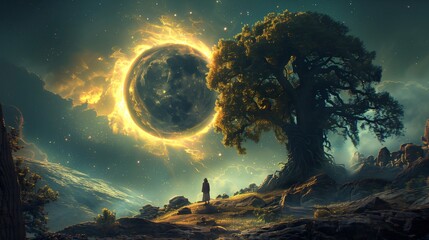 Gazing at a glowing planet behind a majestic tree in a surreal alien world, under a star filled night sky. Mesmerizing and magical digital art for nature and astronomy lovers