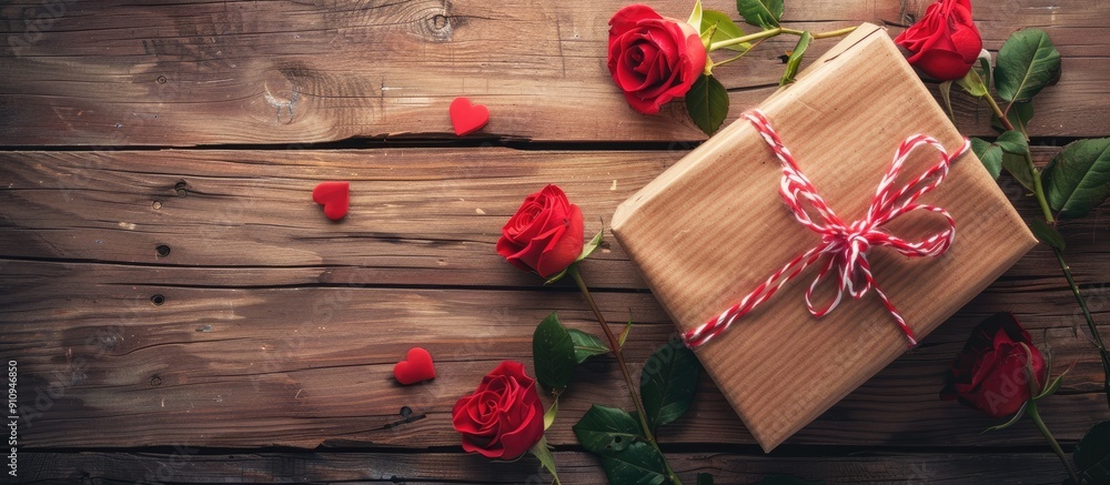 Poster valentine themed image with a gift box roses on wood and room for text in the picture. creative bann