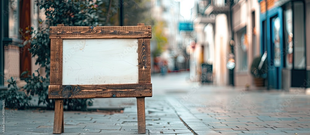 Sticker A wooden sign with empty white space for text set on a sidewalk stand offers a versatile copy space image