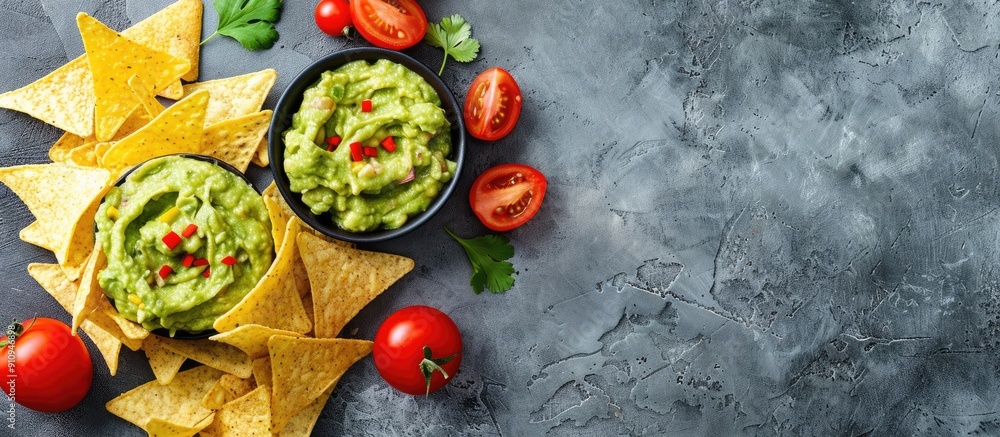 Poster top view copy space image of guacamole corn chips nachos sauce and fresh veggies on a gray backgroun