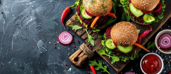 A rustic wooden board presents vibrant vegan burgers filled with beets carrots spinach arugula cucumber radish and tomato sauce on a dark stone backdrop with space for additional image elements