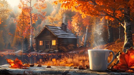 Steaming coffee cup with a backdrop of a cozy cabin and fall foliage