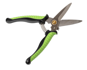 Green garden secateur isolated on a white background. Pruning shears. Top view..