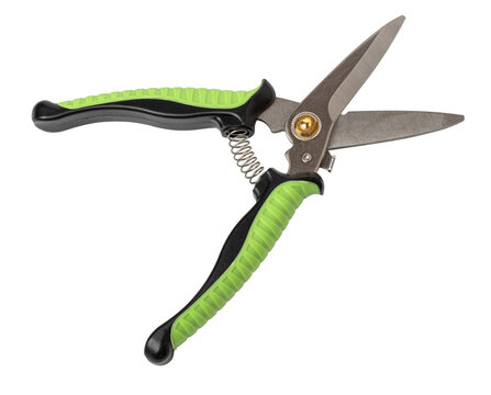 Green garden secateur isolated on a white background. Pruning shears. Top view..