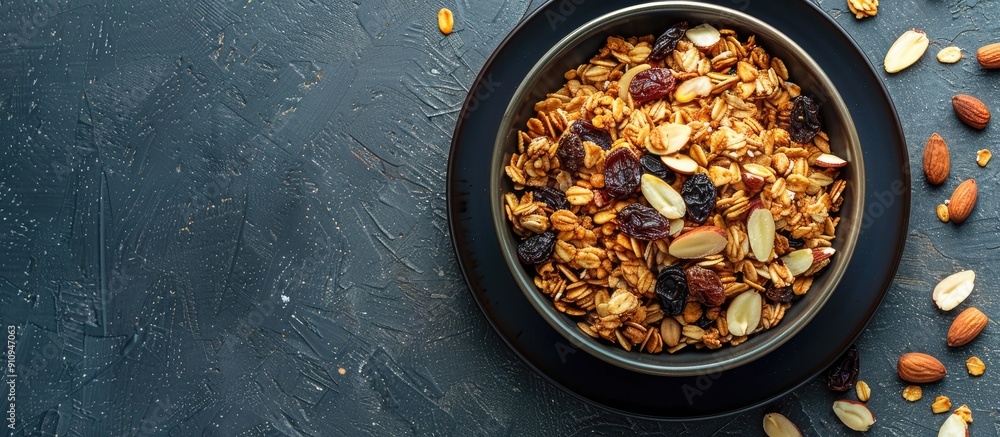 Aufkleber Flat lay overhead view of a bowl of homemade granola with raisins and almonds suitable for adding text. Creative banner. Copyspace image