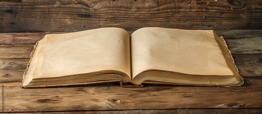 Poster wooden table hosting an open book featuring blank pages with copy space image