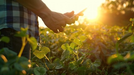 Fototapeta premium Farmer Using Smartphone in a Field at Sunset