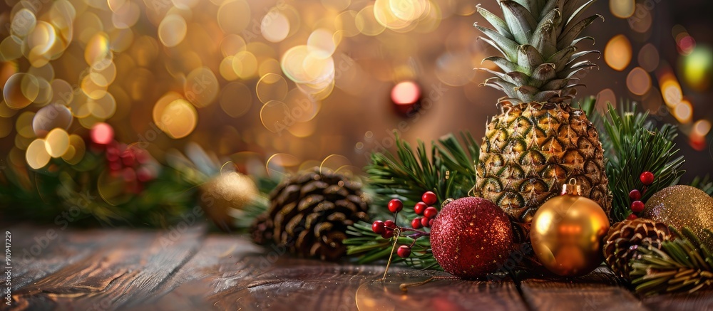 Poster pineapple adorned with christmas ornaments on a studio backdrop with ample copy space image