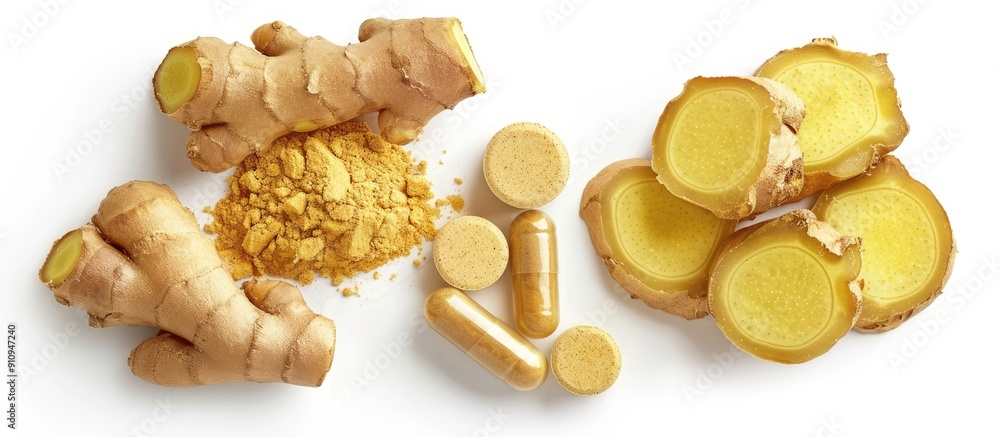 Leinwandbilder Top view of a ginger powder capsule and sliced ginger root isolated on a white background with ample copy space image
