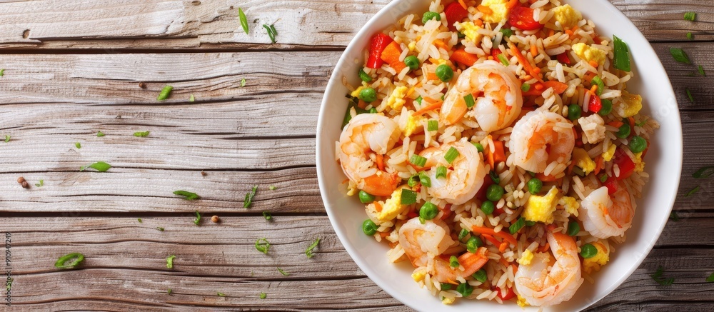 Poster shrimp topped egg fried rice with mixed vegetables in a white dish on a wooden background with room 