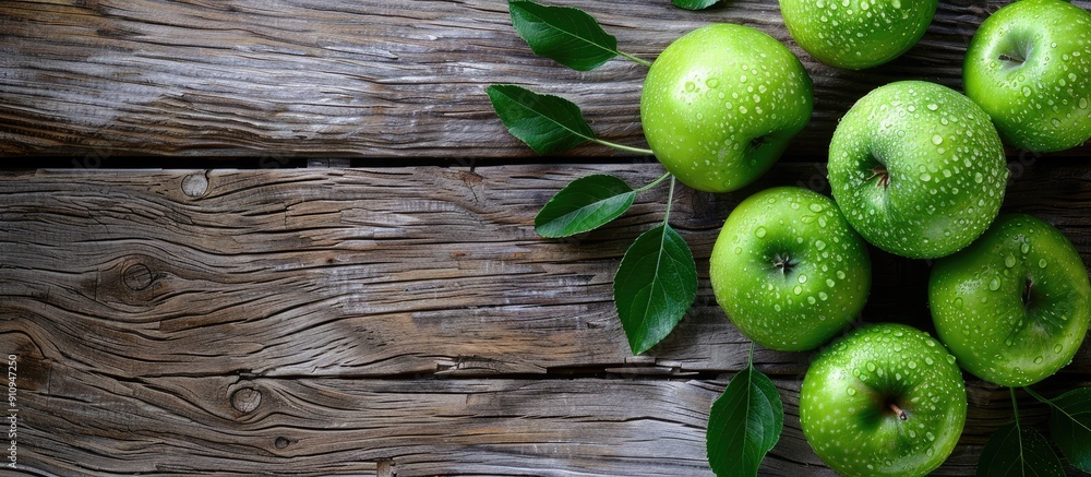 Poster fresh ripe green apples displayed beautifully on a wooden table with ample copy space image