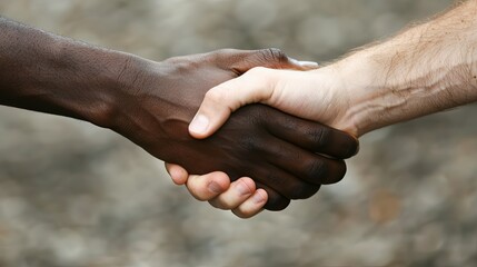 Close-up of the hands of a European and an African man shaking each other