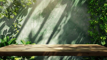 Wooden Tabletop with Sunbeams Filtering Through Green Leaves