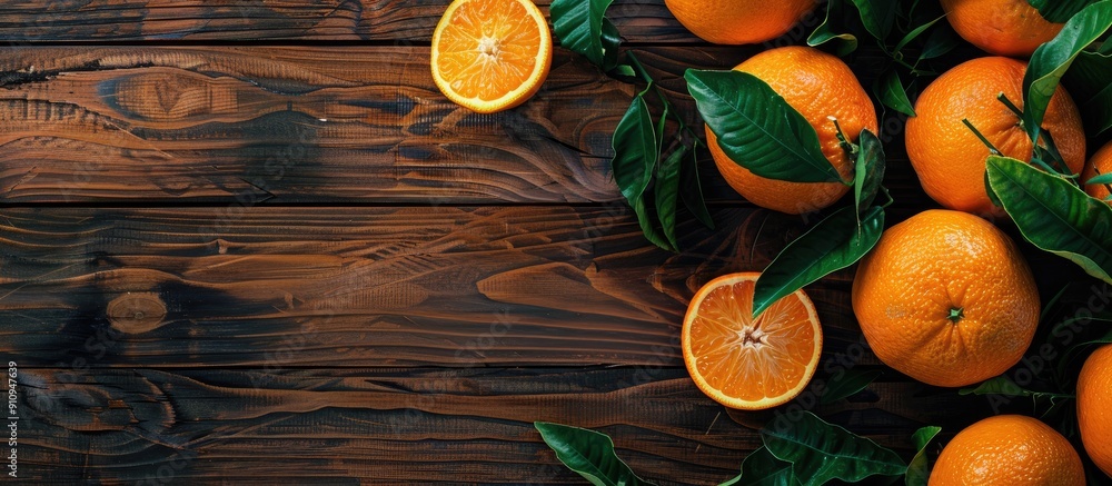 Poster a wooden table displaying fresh sicilian oranges and leaves in a flat lay composition with room for 