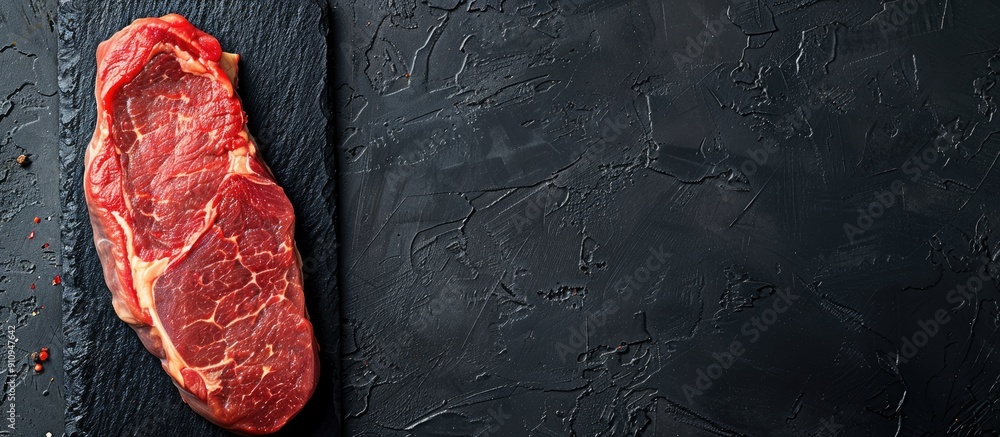 Poster View from above of a raw striploin steak on black stone backdrop with space for text or image. Creative banner. Copyspace image